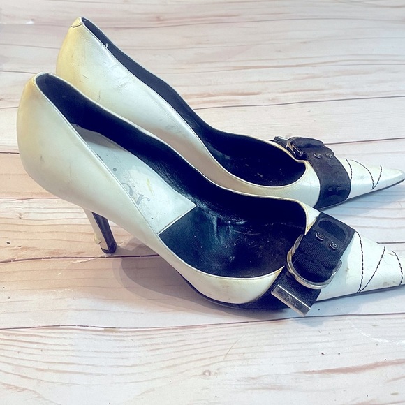 Dior Shoes 36 Logo Pumps Pointed High Heels White Silver Studs Charms Spellout - Picture 5 of 10